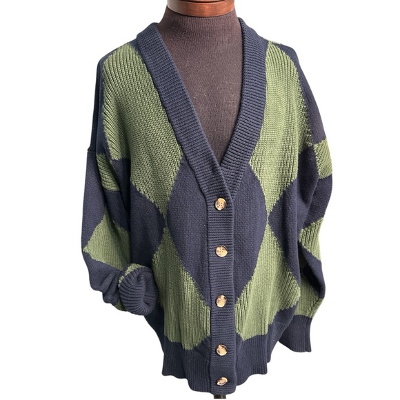Pistola Men's L Green & Blue Chunky Argyle Cardigan Sweater Preppy Button Down